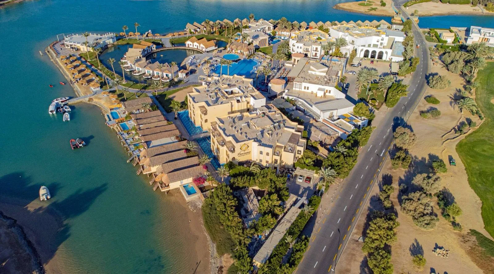 Aerial of the resort between the lagoons